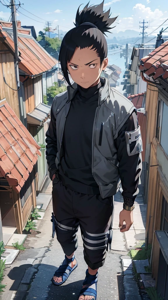 In the manga series "NARUTO" a man named "Sikamaru" with his trademark hairstyle tied back, is STANDING TIGHT on top of a TALL CITY TOWER and WHILE holding a long katana. The character wears a gray jacket with rolled up sleeves, a mesh undershirt, and dark pants. There are blue details on the jacket, including a circular Konaha symbol on the left sleeve. The shoes worn are similar to open-toed sandals. with 4k HDR quality, with a black shadow effect in the background that forms a large hand,