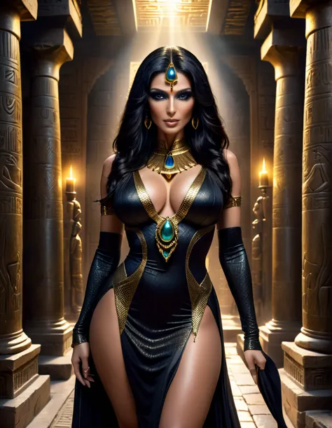 Egyptian sorceress, beautiful mature Egyptian goddess, snake skin, long flowing black hair, glowing golden eyes, reptilian pupil...