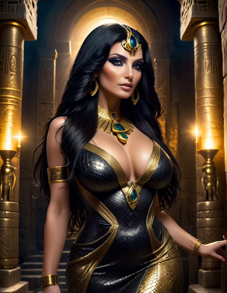 Egyptian sorceress, beautiful mature Egyptian goddess, snake skin, long flowing black hair, glowing golden eyes, reptilian pupils, swollen lactating breasts, form-fitting translucent black and gold dress, ancient Egyptian jewelry, standing in mysterious ancient temple, dramatic gothic dominatrix vibes, intense cinematic lighting, supernatural, breathtaking beauty and depth, (best quality,4k,8k,highres,masterpiece:1.2),ultra-detailed,(realistic,photorealistic,photo-realistic:1.37),HDR,UHD,studio lighting,ultra-fine painting,sharp focus,physically-based rendering,extreme detail description,professional,vivid colors,bokeh,fantasy,dark fantasy,occult,powerful,mystical,elegant,ethereal,chiaroscuro