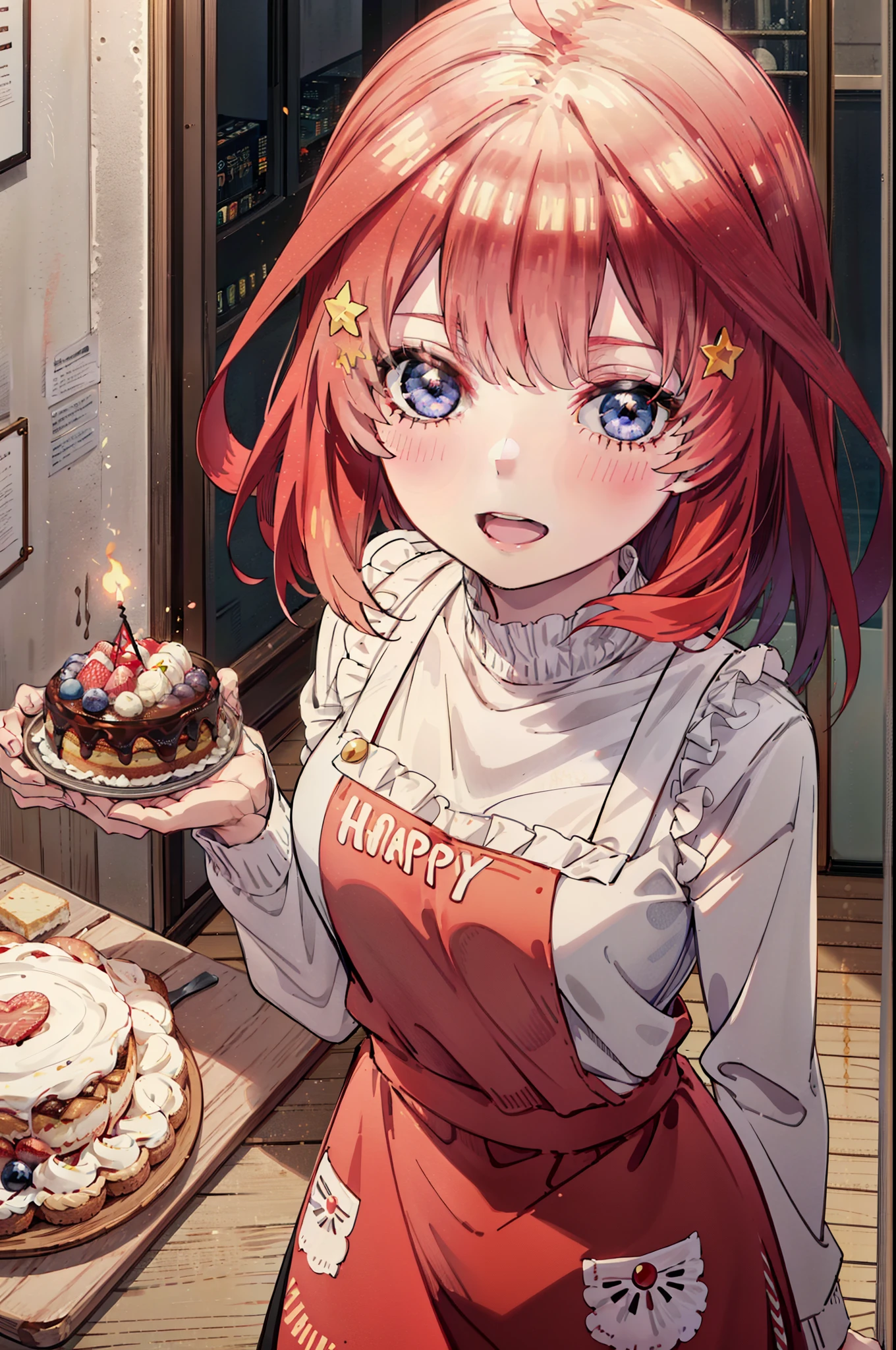 itsukinakano, Itsuki Nakano, bangs, blue eyes, Hair between the eyes, Ahoge, Redhead, star \(symbol\), hair ornaments,happy smile, smile, Open your mouth,cracker, star hair ornaments,Red Tank Top,Long skirt,Black pantyhose,apron,Walking,There is food and a birthday cake on the table,whole bodyがイラストに入るように,
break indoors, room,
break looking at viewer,whole body,
break (masterpiece:1.2), Highest quality, High resolution, unity 8k wallpaper, (figure:0.8), (Beautiful attention to detail:1.6), Highly detailed face, Perfect lighting, Highly detailed CG, (Perfect hands, Perfect Anatomy),