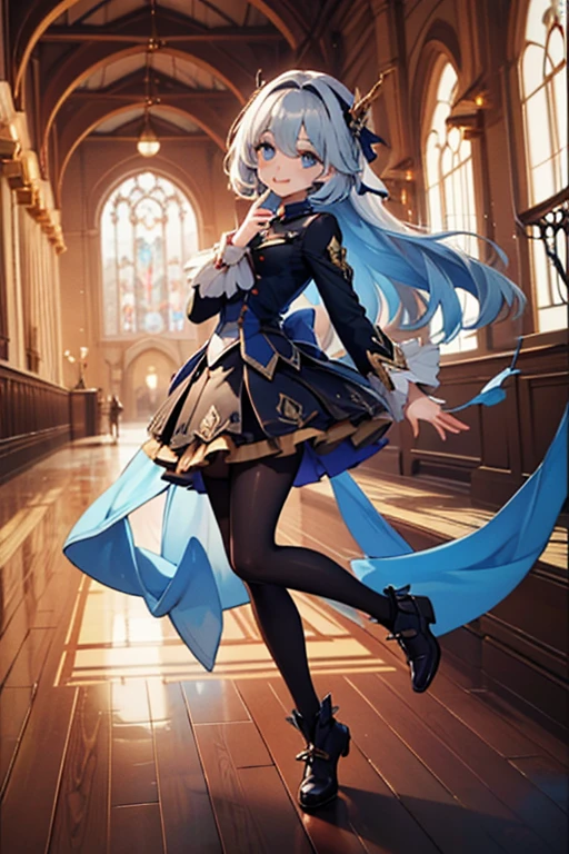 ((4K、8K、quality、Perfect Finger: 1.Perfect anatomy: 1.3、The background is blurred out))、(Transform the sequence)、((a beautiful slender girl、Shy Laughter、Cute big droopy eyes、Long straight hair with sides facing up、12year old girl、Small bust uniform tights、longer sleeves、Ornately decorated headband))、(high legs)、Permanent、Full body depiction、wide wide shot、In the noble hall、