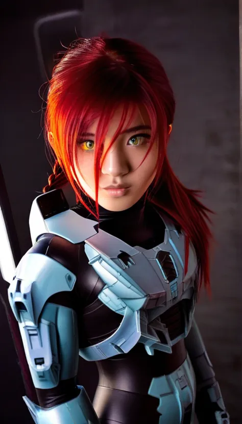 1 girl、((glowing eyes, red eyes)), medium bust、solo、red hair、braid、mobile race suit、shoulder armor、ceiling、wide shot、looking ahe...