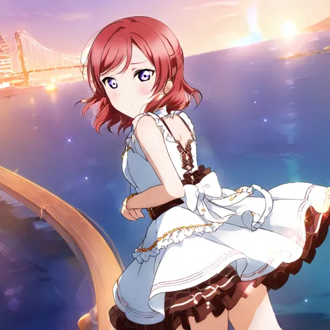 highest quality、masterpiece、maki nishikino、purple eyes、red hair、embarrassed face、looking back、arms folded behind back、sunset、cru...