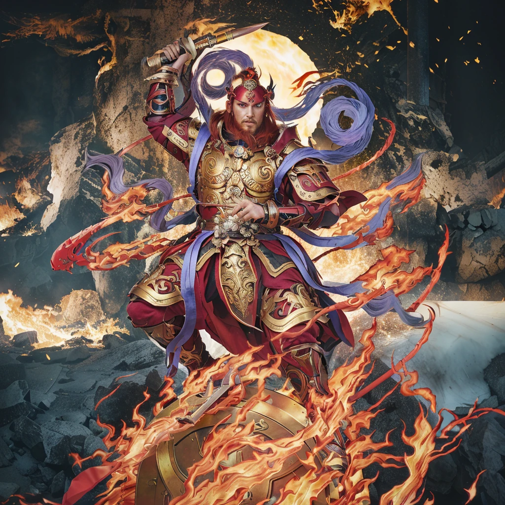 red hair male  asura (3 eyes) warrior look, ancient chiense armour, surrounded by fire, sending on a huge wheel, holding a metal whip weapon (sword), purple deity ribbon, fierce look, 