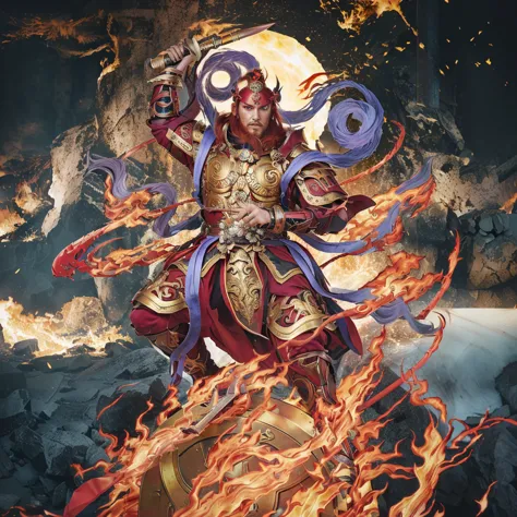 red hair male  asura (3 eyes) warrior look, ancient chiense armour, surrounded by fire, sending on a huge wheel, holding a metal...