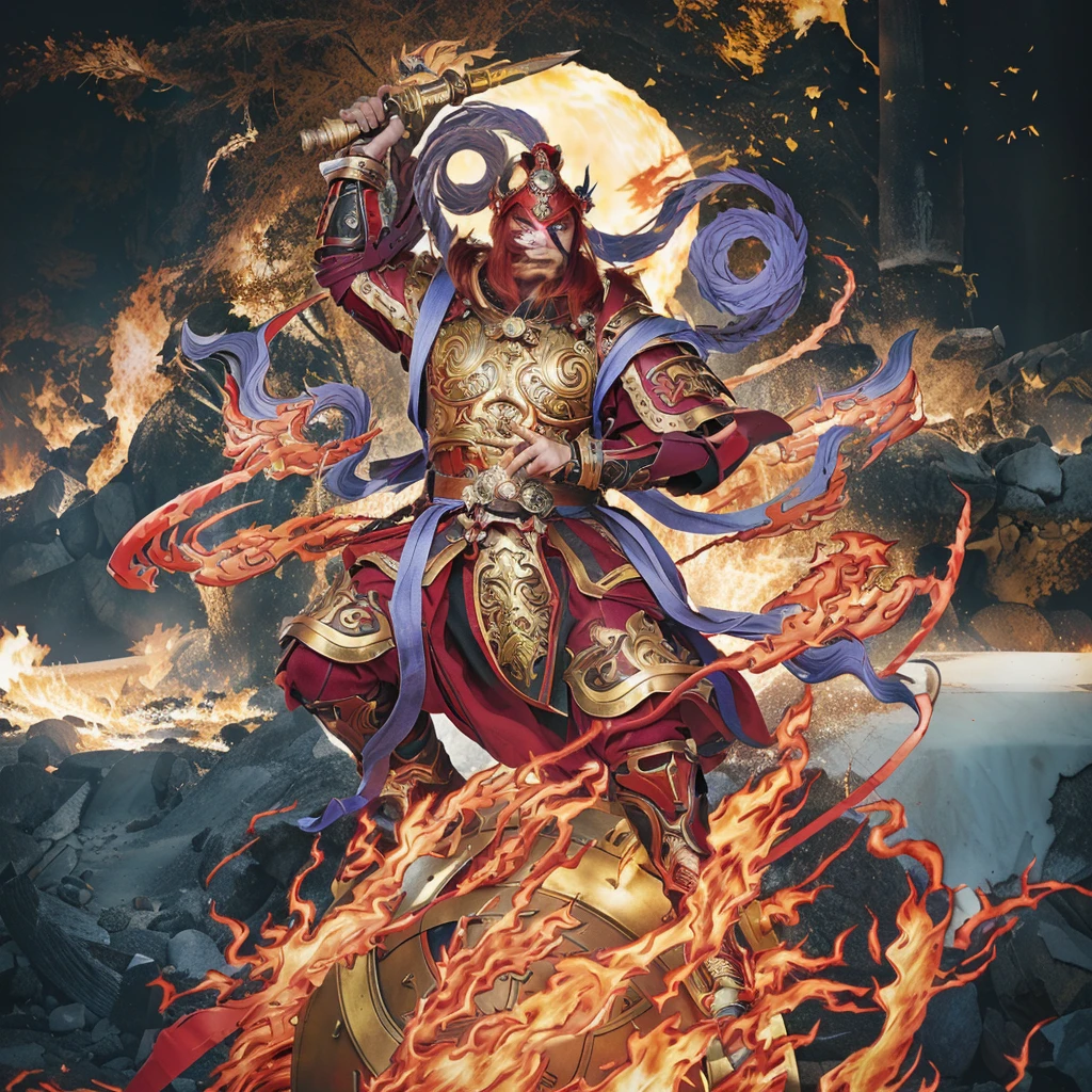 red hair male  asura (3 eyes) warrior look, ancient chiense armour, surrounded by fire, sending on a huge wheel, holding a metal whip weapon (sword), purple deity ribbon, fierce look, 