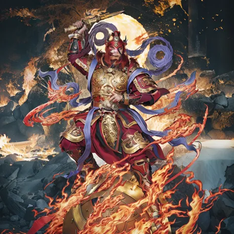 red hair male  asura (3 eyes) warrior look, ancient chiense armour, surrounded by fire, sending on a huge wheel, holding a metal...
