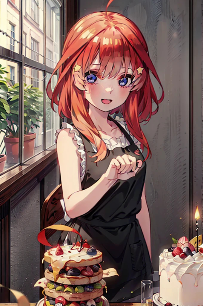 itsukinakano, Itsuki Nakano, bangs, blue eyes, Hair between the eyes, Ahoge, Redhead, star \(symbol\), hair ornaments,happy smile, smile, Open your mouth,cracker, star hair ornaments,Red Tank Top,Long skirt,Black pantyhose,apron,Walking,There is food and a birthday cake on the table,
break indoors, room,
break looking at viewer,Upper Body,
break (masterpiece:1.2), Highest quality, High resolution, unity 8k wallpaper, (figure:0.8), (Beautiful attention to detail:1.6), Highly detailed face, Perfect lighting, Highly detailed CG, (Perfect hands, Perfect Anatomy),