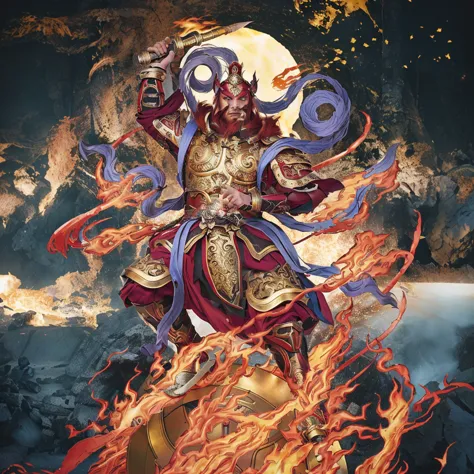 red hair male  asura (3 eyes) warrior look, ancient chiense armour, surrounded by fire, sending on a huge wheel, holding a metal...