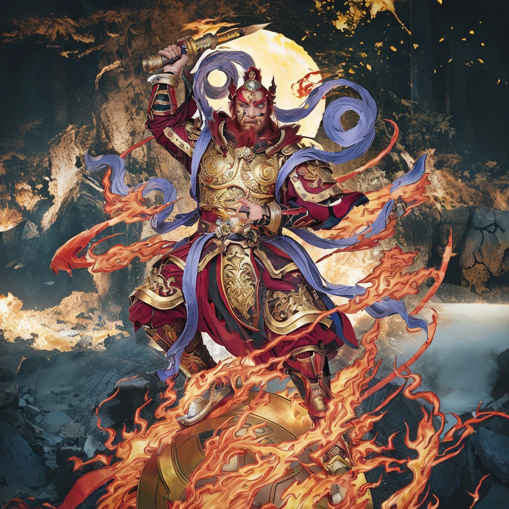 red hair male  asura (3 eyes) warrior look, ancient chiense armour, surrounded by fire, sending on a huge wheel, holding a metal whip weapon (sword), purple deity ribbon, fierce look, 