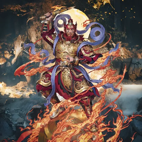 red hair male  asura (3 eyes) warrior look, ancient chiense armour, surrounded by fire, sending on a huge wheel, holding a metal...