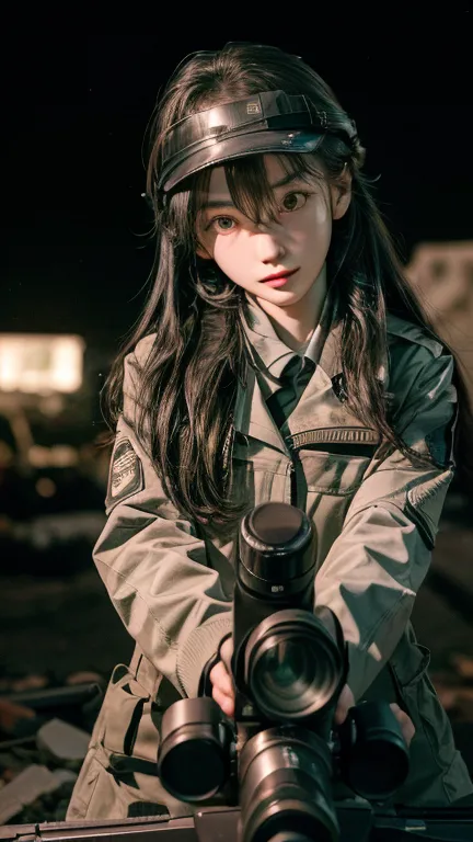 high quality, High-resolution images, Full HD、8k.A girl with long, straight black hair、He is wearing a US military uniform and a...