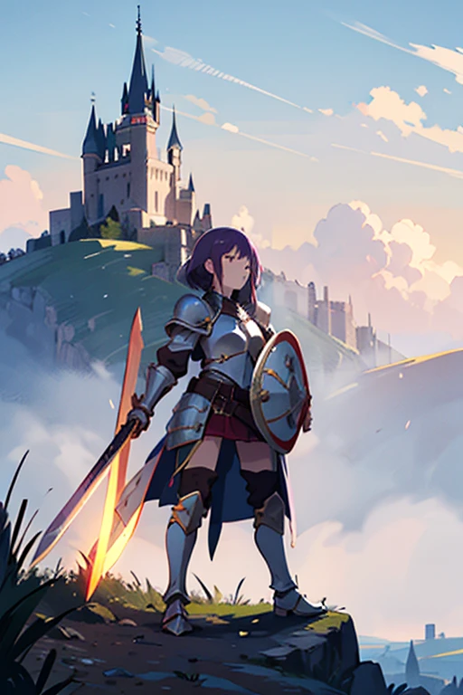 anime girl in violet armor with a sword and shield who is 20 years old in a nedieval landscape with the shield raised and a castle in the distance and a dragon breathing fire