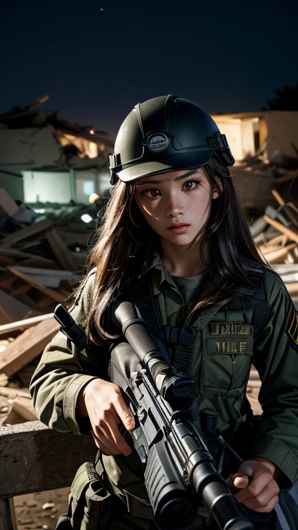 high quality, High-resolution images, Full HD、8k.A girl with long straight hair、He is wearing a US military uniform and a helmet pulled down over his head.。., He has a rifle.、Late Night City, Put on a night scope,Binoculars Night Vision Scope, Pitch black. Night scope light is green.,,(Shooting a gun from the rubble),((Lower the night scope to eye level,))