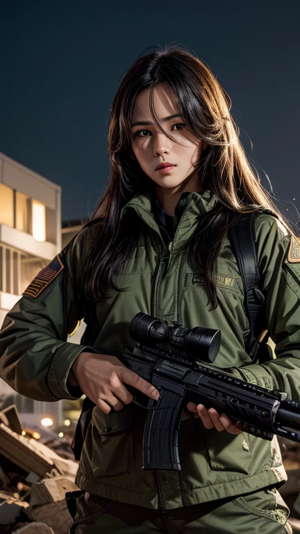 high quality, High-resolution images, Full HD、8k.A girl with long straight hair、He is wearing a US military uniform and a helmet pulled down over his head.。., He has a rifle.、Late Night City, Put on a night scope,Binoculars Night Vision Scope, Pitch black. Night scope light is green.,,(Shooting a gun from the rubble),((Lower the night scope to eye level,))