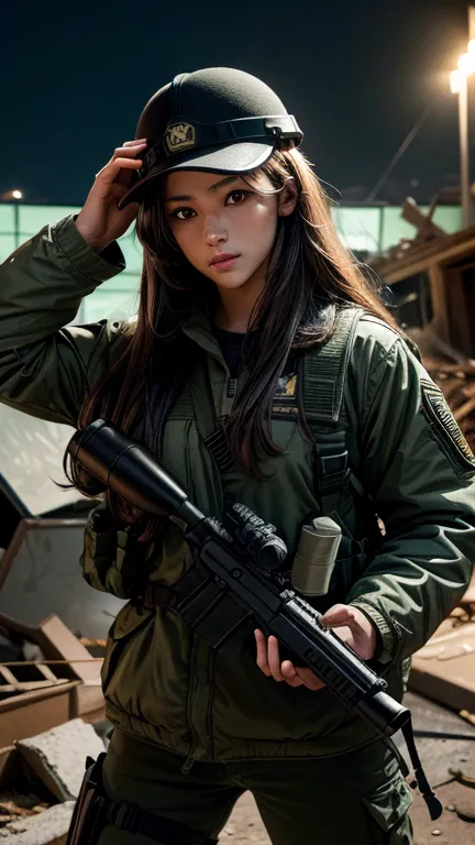 high quality, high-resolution images, full hd、8k.a girl with long straight hair、he is wearing a us military uniform and a helmet...