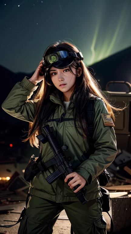 high quality, High-resolution images, Full HD、8k.A girl with long straight hair、He is wearing a US military uniform and a helmet pulled down over his head.。., He has a rifle.、Late Night City, Put on a night scope,Binoculars Night Vision Scope, Pitch black. Night scope light is green.,,(Shooting a gun from the rubble),((Lower the night scope to eye level,))