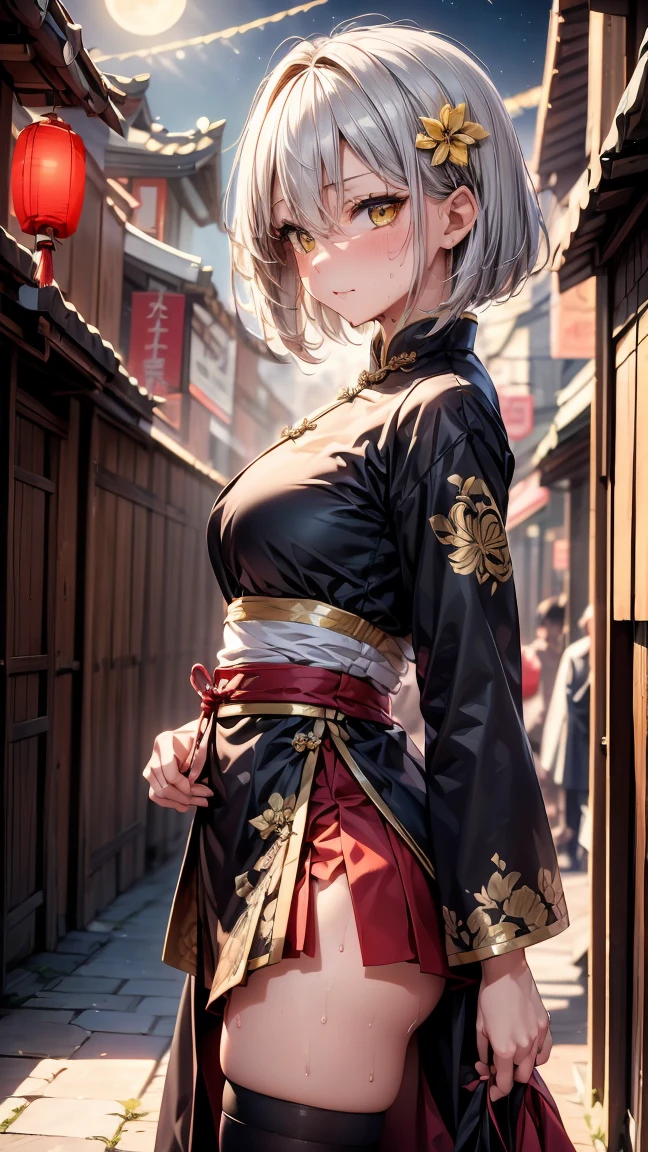 young girl 16 years old, short silver bob hair, hair flower, sharp bangs between the eyes, yellow  eyes, eyes large, ((traditional chinese imperial clothes black with gold details,)) red skirt, black thigh high socks. slenderbody. view from side, side point of view, on the street of a Japanese city, at night, with full moon in the background, light reflecting on the sexy and sweaty body. (((sweat)))