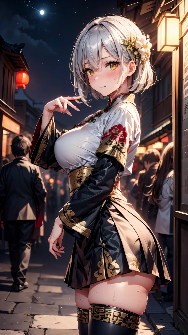 young girl 16 years old, short silver bob hair, hair flower, sharp bangs between the eyes, yellow  eyes, eyes large, ((traditional chinese imperial clothes black with gold details,)) red skirt, black thigh high socks. slenderbody. view from side, side point of view, on the street of a Japanese city, at night, with full moon in the background, light reflecting on the sexy and sweaty body. (((sweat)))