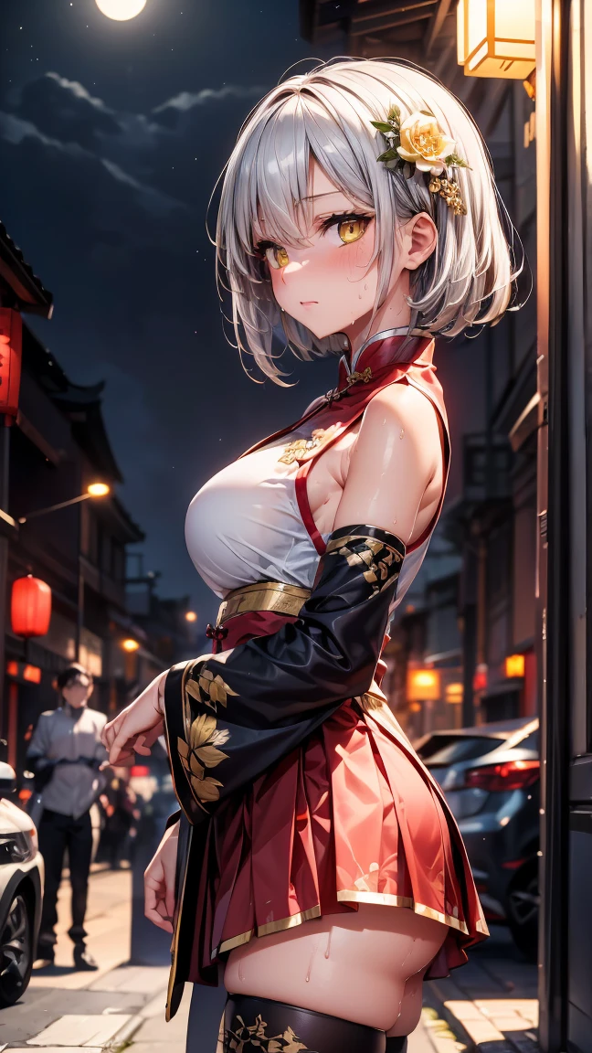 young girl 16 years old, short silver bob hair, hair flower, sharp bangs between the eyes, yellow  eyes, eyes large, ((traditional chinese imperial clothes black with gold details,)) red skirt, black thigh high socks. slenderbody. view from side, side point of view, on the street of a Japanese city, at night, with full moon in the background, light reflecting on the sexy and sweaty body. (((sweat)))