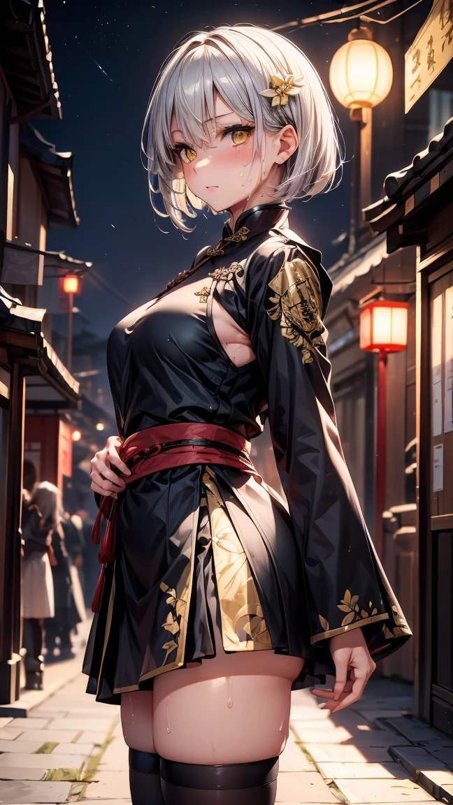 young girl 16 years old, short silver bob hair, hair flower, sharp bangs between the eyes, yellow  eyes, eyes large, ((traditional chinese imperial clothes black with gold details,)) red skirt, black thigh high socks. slenderbody. view from side, side point of view, on the street of a Japanese city, at night, with full moon in the background, light reflecting on the sexy and sweaty body. (((sweat)))