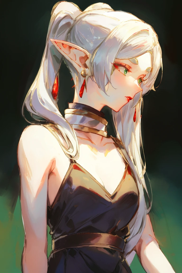 Standing with upper body, Honey, solitary, White skin, Long gray hair, Double ponytail hairstyle, (Elf ears), Green Eyes, Like a gem, earrings, Red Eyeshadow, Red lips, Black Magic Dress, careful, Fake laugh, masterpiece, high quality
