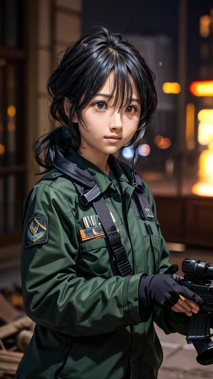 high quality, High-resolution images, Full HD、8k.A girl with long straight hair、He is wearing a US military uniform and a helmet pulled down over his head.。., He has a rifle.、Late Night City, Put on a night scope,Binoculars Night Vision Scope, Pitch black. Night scope light is green.,,(Shooting a gun from the rubble),((Lower the night scope to eye level,))