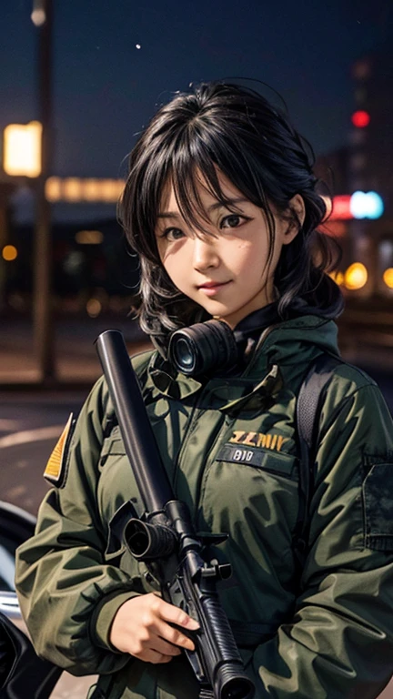 high quality, High-resolution images, Full HD、8k.A girl with long straight hair、He is wearing a US military uniform and a helmet pulled down over his head.。., He has a rifle.、Late Night City, Put on a night scope,Binoculars Night Vision Scope, Pitch black. Night scope light is green.,,(Shooting a gun from the rubble),((Lower the night scope to eye level,))