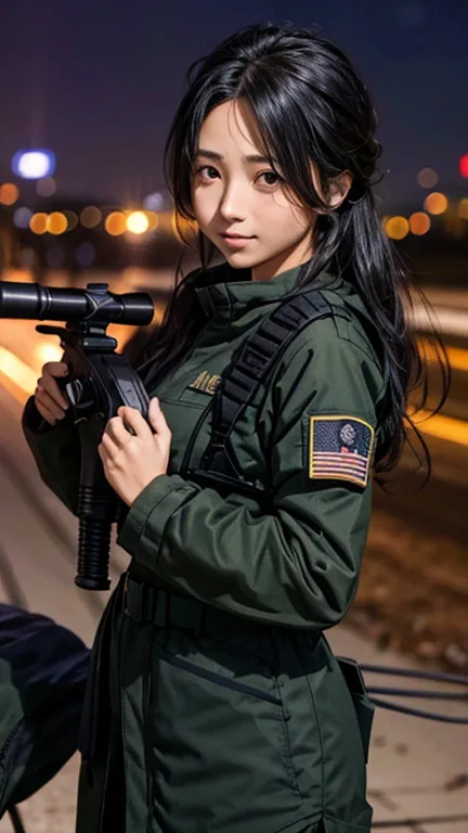 high quality, high-resolution images, full hd、8k.a girl with long straight hair、he is wearing a us military uniform and a helmet...