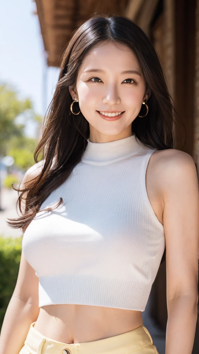 Highest quality, Realistic, In detail, High resolution, 8k wallpaper, Perfect dynamic composition, Beautiful attention to detail, Medium Hair, Big ample breasts, Random sexy poses,Chest to chest、(Mock Neck Crop Tank Top White Knitwear)、(Breast swelling 1.2)、Laughter、Open your mouth、Resort scenery、23 years old、