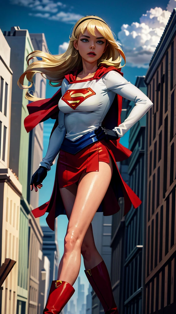 (cowboy shot), sfw, (work of art), (best qualityer:1.0), (ultra high resolution:1.0), detailedeyes,
BREAK Supergirl, 1 girl, long blonde hair, mid-air, flying hair band, \(offwhite\) top cut, manga curta, layer, blue pencil skirt, mitts, BREAK boots
(clouds, citys, stunning vista)