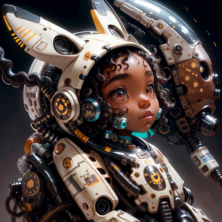 Cute brown skinned kid with freckles, wearing cute animal mecha, holding POD, black curly hair, detailed facial features, beautiful eyes, detailed face, delicate hands, photorealistic, hyperrealistic, hyper detailed