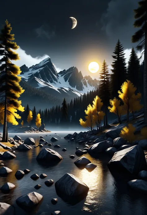 A beautiful dark moody environment with trees, floating rocks, mountains, black moon and yellow sun in the sky, 32k, ultra HD, u...