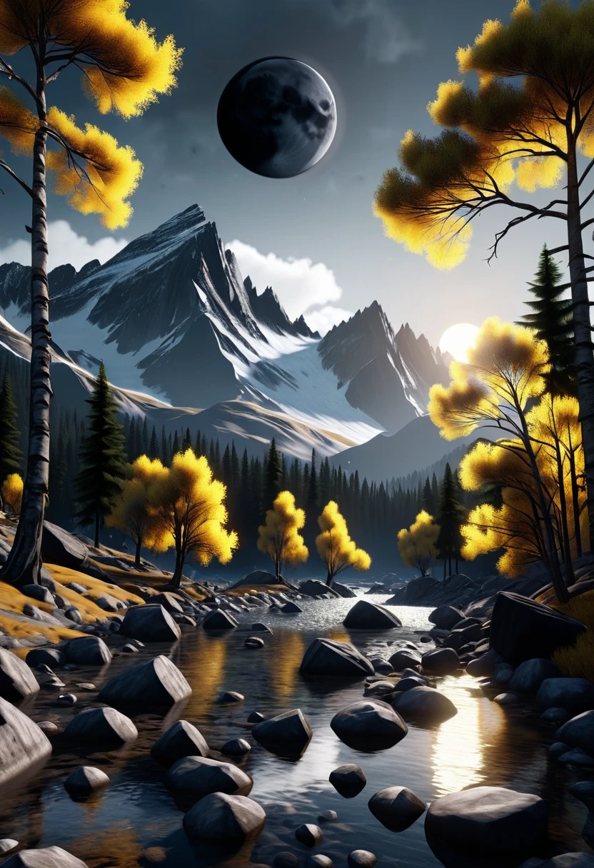 A beautiful dark moody environment with trees, floating rocks, mountains, black moon and yellow sun in the sky, 32k, ultra HD, unreal engine rendered, cinematic lighting 