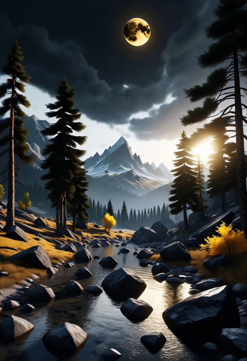 A beautiful dark moody environment with trees, floating rocks, mountains, black moon and yellow sun in the sky, 32k, ultra HD, unreal engine rendered, cinematic lighting 