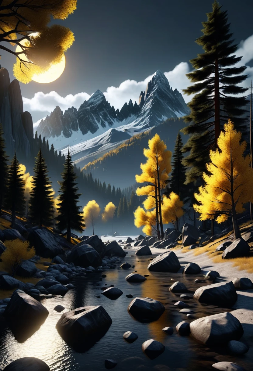 A beautiful dark moody environment with trees, floating rocks, mountains, black moon and yellow sun in the sky, 32k, ultra HD, unreal engine rendered, cinematic lighting 