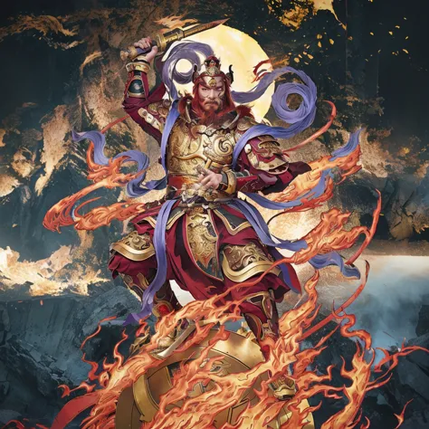red hair male Chinese warrior (3 eyes) asura look, ancient Chinese armour, surrounded by fire, sending on a huge wheel, holding ...
