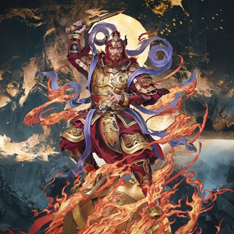 red hair male chinese warrior (3 eyes) asura look, ancient chinese armour, surrounded by fire, sending on a huge wheel, holding ...