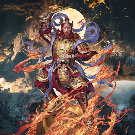 red hair male Chinese warrior (3 eyes) asura look, ancient Chinese armour, surrounded by fire, sending on a huge wheel, holding ...