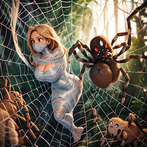 a girl entangled in the spider web, struggle, barefoot ,detailed classroom, (cocoon:1.3), spider web, hanging, spider in the web...