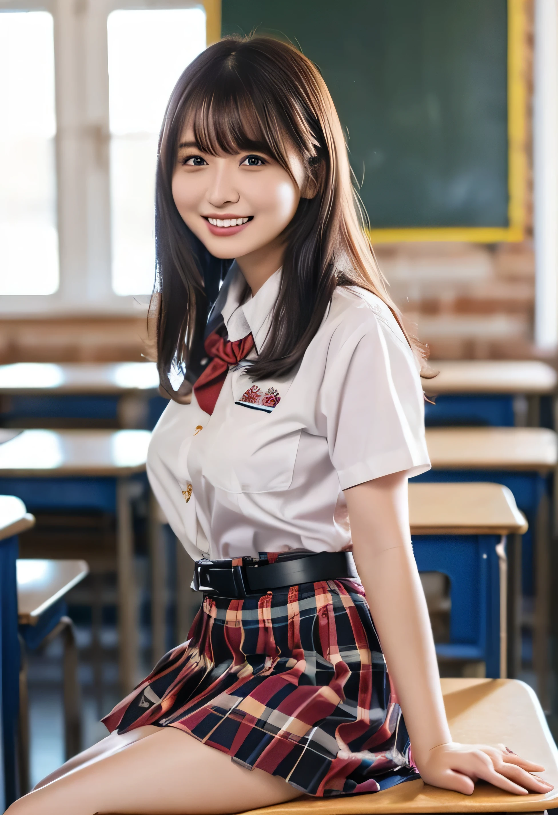 One Girl, (Sit on the desk and stick your ass out、School classroom、服の上からでもわかるVery large breasts、School white summer shirt、school summer uniform、Beautiful girl, Delicate girl:1.3), (24-years-old:1.3),（Smiling with teeth showing、Cute smiling eyes、Cute loose perm、Braid only the bangs、Fluffy hair、Medium Short Hair、Wrapping a leather belt、Wear a checked miniskirt、Round and ample breasts、Curved waist、Photo from the waist up:1.4）
Very beautiful eyes, (School uniforms:1.3), (Very large breasts:0.5), Brown eyes, Parted bangs, Light brown hair,
, A face of ecstasy、(The expression of ecstasy、A face of ecstasy:1.0),
, (masterpiece, Highest quality, Super detailed, Detailed face, 8k)