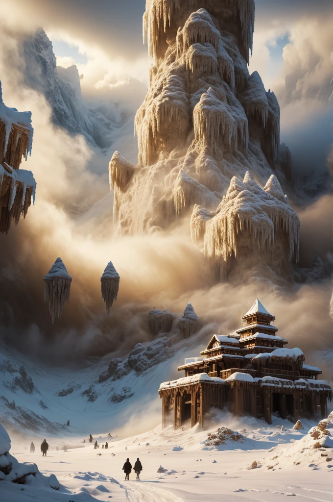 masterpiece, best quality, extremely detailed, hyperrealistic, photorealistic, sandstorm, frozen island, giant snow moutain, frozen waterfall, icicles, explosion, everything is getting sand, ominous atmosphere
