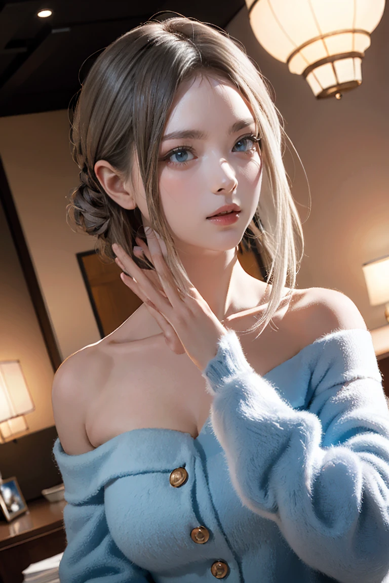 masterpiece, Warm color palette，Light of the sun，Light art，(Attention to detail:1 1), insufficient々しいface, Gray Hair，Off-the-shoulder clothing，Large Breasts，Natural Skin, high quality, Browsing Caution, Beautiful Eyes, (詳細なfaceと目), (face: 1 2), noise,Extra, Actual photo shoot, .PSD, Lamp Film Photo, Sharp focus, Contrast lighting, Delicate skin, High resolution 8k, Very detailed, Realistically, Professional photography, 8k