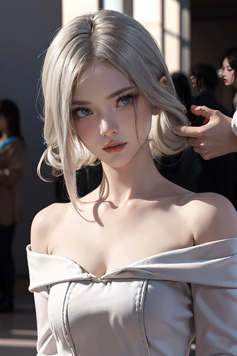 masterpiece, Warm color palette，Light of the sun，Light art，(Attention to detail:1 1), insufficient々しいface, Gray Hair，Off-the-shoulder clothing，Large Breasts，Natural Skin, high quality, Browsing Caution, Beautiful Eyes, (詳細なfaceと目), (face: 1 2), noise,Extra, Actual photo shoot, .PSD, Lamp Film Photo, Sharp focus, Contrast lighting, Delicate skin, High resolution 8k, Very detailed, Realistically, Professional photography, 8k