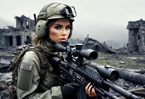 A young and extremely beautiful female sniper、Detailed face、Beautiful Eyes、Long eyelashes、Serious expression、Tactical Helmet、Cam...