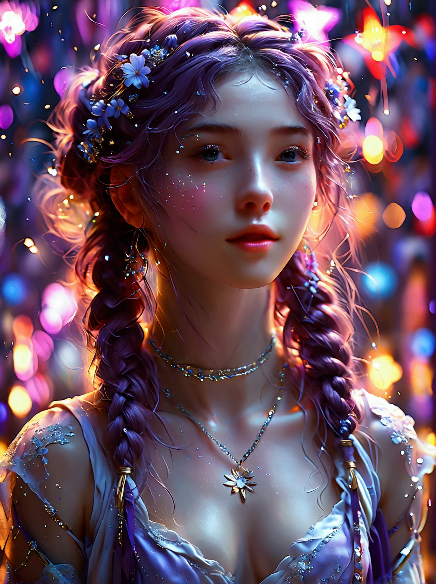 Best quality，8k，high resolution，masterpiece，Ultra Detailed，lifelike，Photorealism，A beautiful Korean girl，45度斜侧着Looking up，Red hair with two braids，戴着Purple的月亮发夹，穿着Purple的的吊带衫，(穿着Purple牛仔裤:1.5)，(脚上穿着Purple高跟鞋，Black thin socks:1.5)，There are doodle moon and stars on it，Purple的眼睛和Purple长睫毛，Purple的金属项链和吊坠耳环，(whole body:1.5)，(Vision:1.5)，(她一只手拿着Purple的钻石话筒)，(一只手举着Purple的荧光棒)，Funny and lively expressions，Purple，Platinum hue，Hand drawn art style，Graffiti Art，Street art，虚化的Purple泡泡背景，Bright colors，45 oblique angle，Looking up，Ultra HD, Physically Based Rendering，Extremely detailed description，Ultra-detailed paintings，Futuristic interior decoration，Neon lights，Sharp focus，Vibrant colors，Science Fiction，Concept Art，High-tech atmosphere，Studio Lighting，HDR，Ultra HD，Bokeh