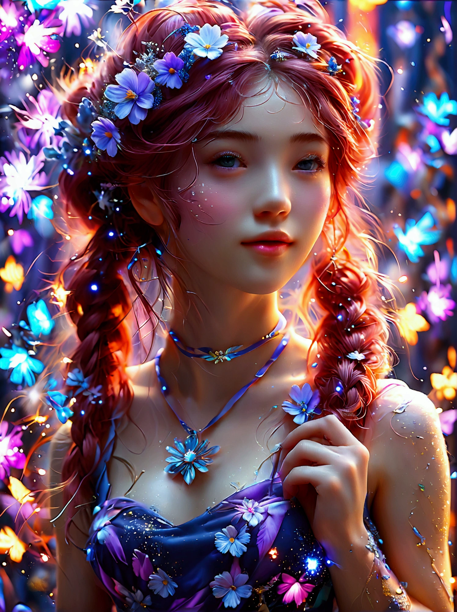 Best quality，8k，high resolution，masterpiece，Ultra Detailed，lifelike，Photorealism，A beautiful Korean girl，45度斜侧着Looking up，Red hair with two braids，戴着Purple的月亮发夹，穿着Purple的的吊带衫，(穿着Purple牛仔裤:1.5)，(脚上穿着Purple高跟鞋，Black thin socks:1.5)，There are doodle moon and stars on it，Purple的眼睛和Purple长睫毛，Purple的金属项链和吊坠耳环，(whole body:1.5)，(Vision:1.5)，(她一只手拿着Purple的钻石话筒)，(一只手举着Purple的荧光棒)，Funny and lively expressions，Purple，Platinum hue，Hand drawn art style，Graffiti Art，Street art，虚化的Purple泡泡背景，Bright colors，45 oblique angle，Looking up，Ultra HD, Physically Based Rendering，Extremely detailed description，Ultra-detailed paintings，Futuristic interior decoration，Neon lights，Sharp focus，Vibrant colors，Science Fiction，Concept Art，High-tech atmosphere，Studio Lighting，HDR，Ultra HD，Bokeh