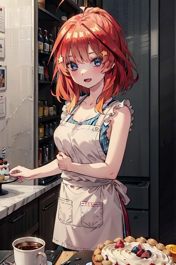 itsukinakano, Itsuki Nakano, bangs, blue eyes, Hair between the eyes, Ahoge, Redhead, star \(symbol\), hair ornaments,happy smile, smile, Open your mouth,cracker, star hair ornaments,Red Tank Top,Long skirt,Black pantyhose,apron,Walking,There is food and a birthday cake on the table,
break indoors, room,
break looking at viewer,Upper Body,
break (masterpiece:1.2), Highest quality, High resolution, unity 8k wallpaper, (figure:0.8), (Beautiful attention to detail:1.6), Highly detailed face, Perfect lighting, Highly detailed CG, (Perfect hands, Perfect Anatomy),