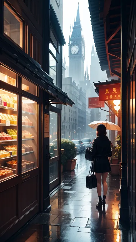 rain,Inside the cafe,A broader perspective,Chic cityscape,busy,mysterious,warm color,明るい