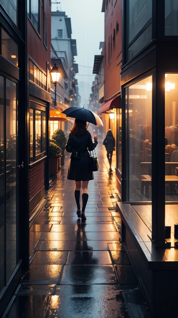 chuva,Dentro do café,Uma perspectiva mais ampla,Paisagem urbana chique,ocupado,Misterioso,cor quente,brilhante